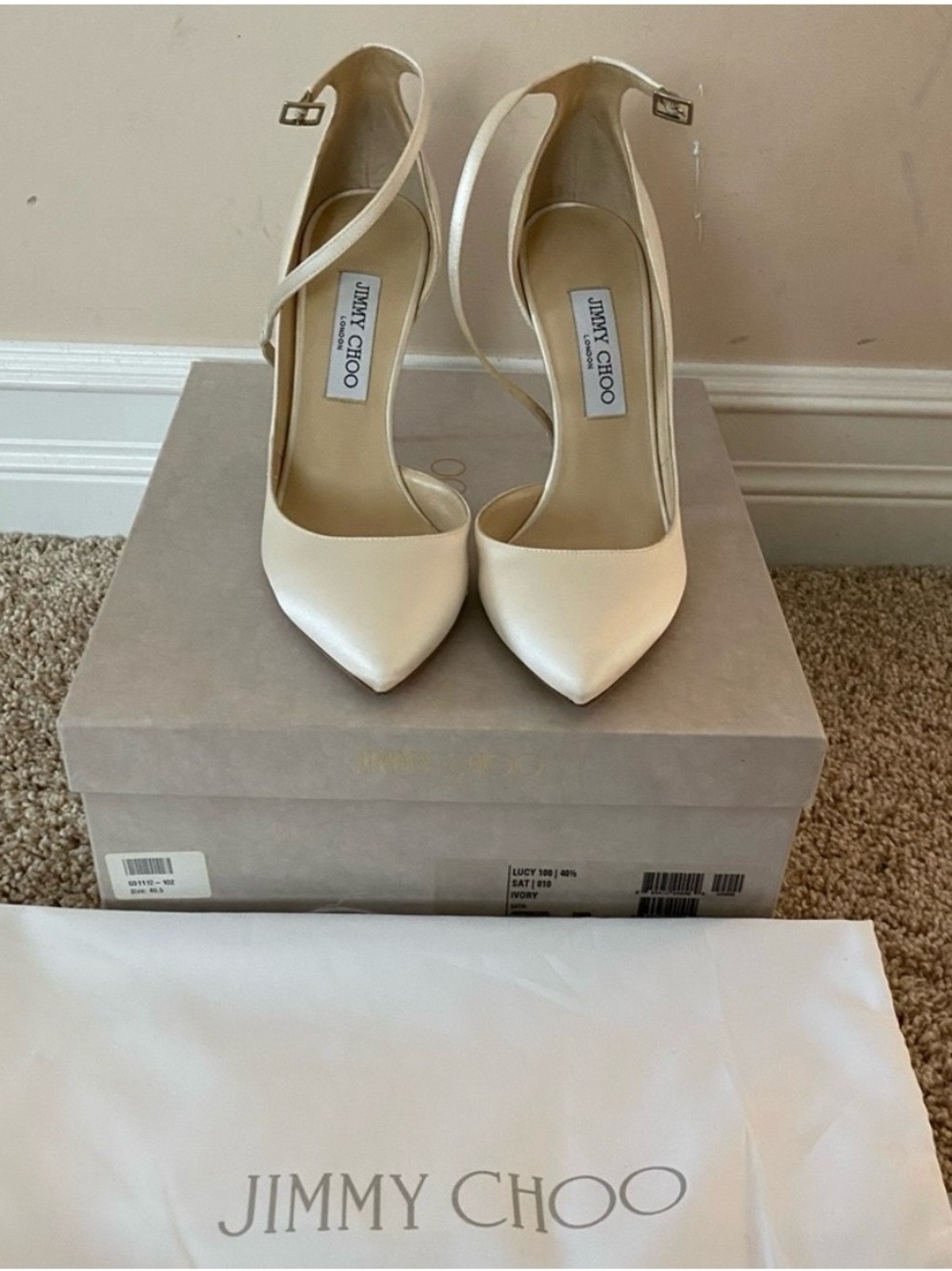 Jimmy Choo Cream Satin Pointed-Toe Ankle-Strap Pumps